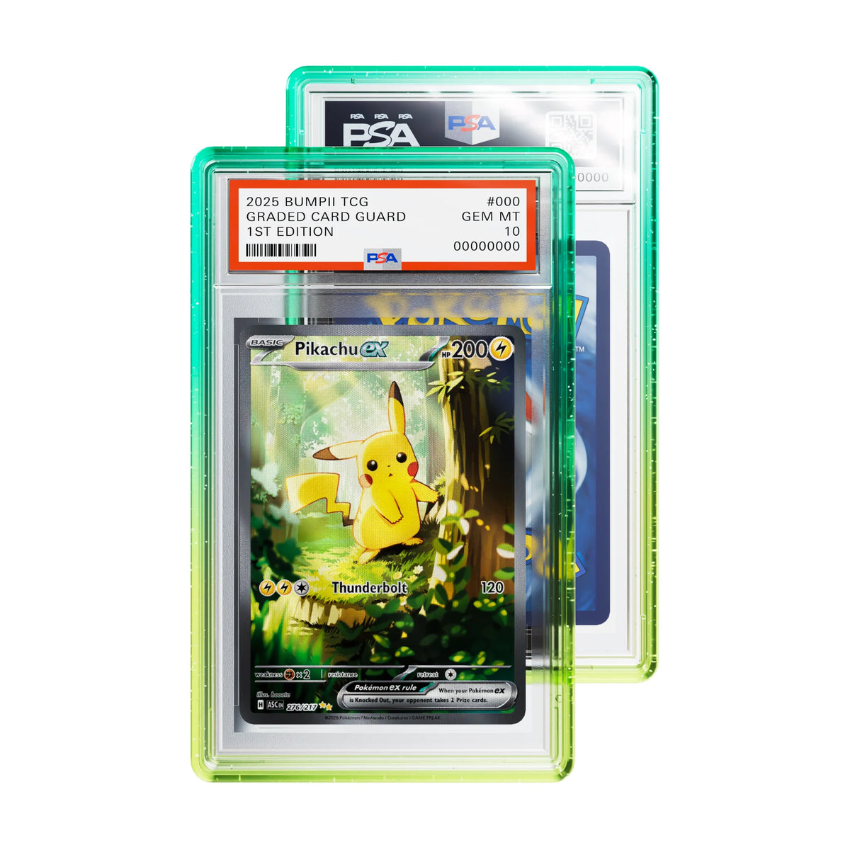 Bumpii Honeydew graded card guard with teal and lime edges holding a Pikachu PSA graded card, with another slab behind.