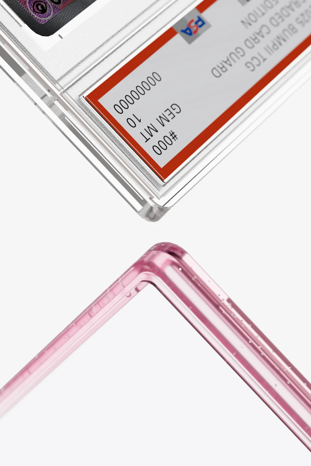Bumpii Lychee slab protector frame beside a PSA graded card, showing the translucent pink corner fit.