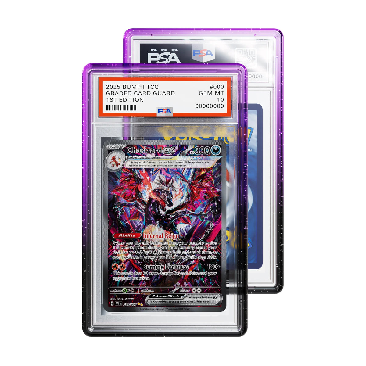 Bumpii Phantom graded card guard with purple and black edges holding a Paldean Fates Charizard PSA graded card, with another slab behind.