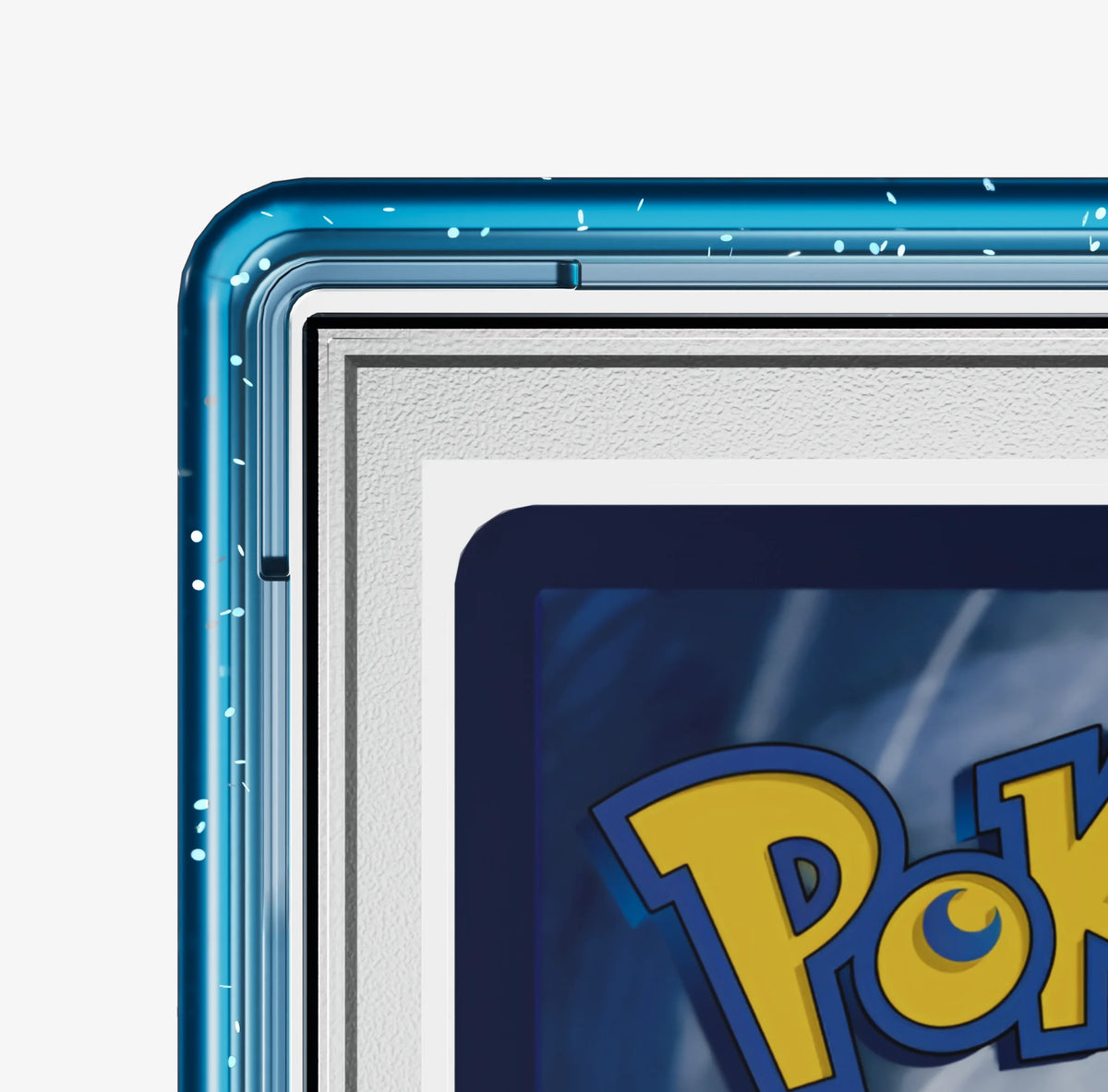 Bumpii Seasalt graded card case close-up showing translucent clear blue corner detail around a PSA graded card.