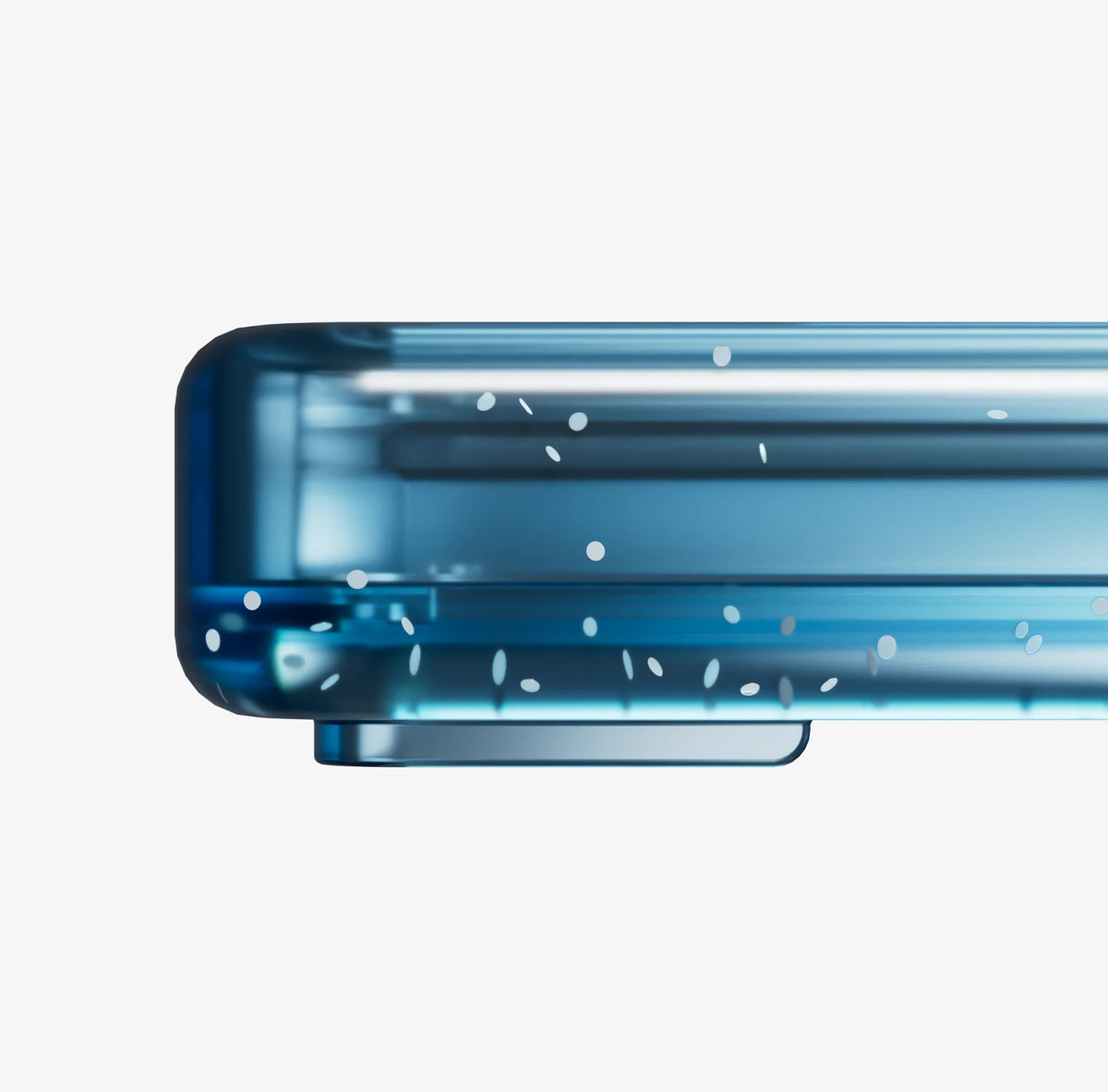 Bumpii Seasalt slab protector close-up showing rounded translucent blue corner and clear side detail.