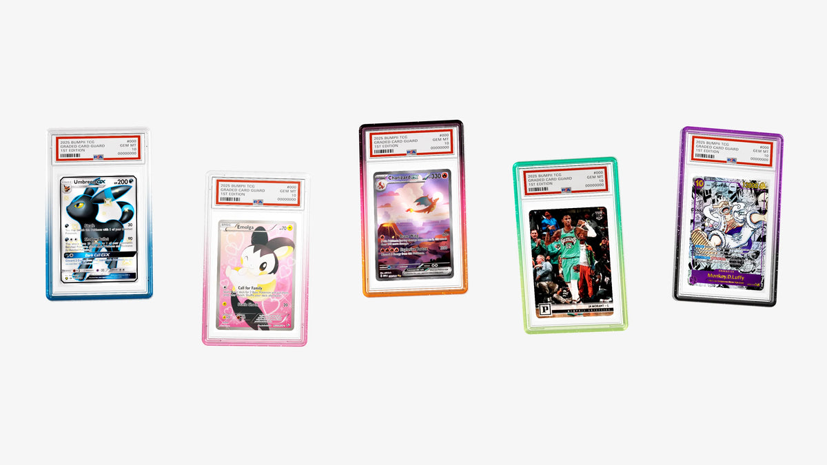 Five Bumpii graded card guards in translucent colourways floating apart, showing the colour range with PSA graded cards.