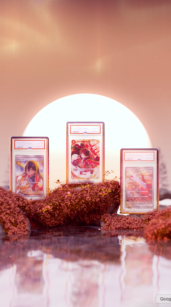 Three trading cards displayed on a reflective surface with a warm glow in the background