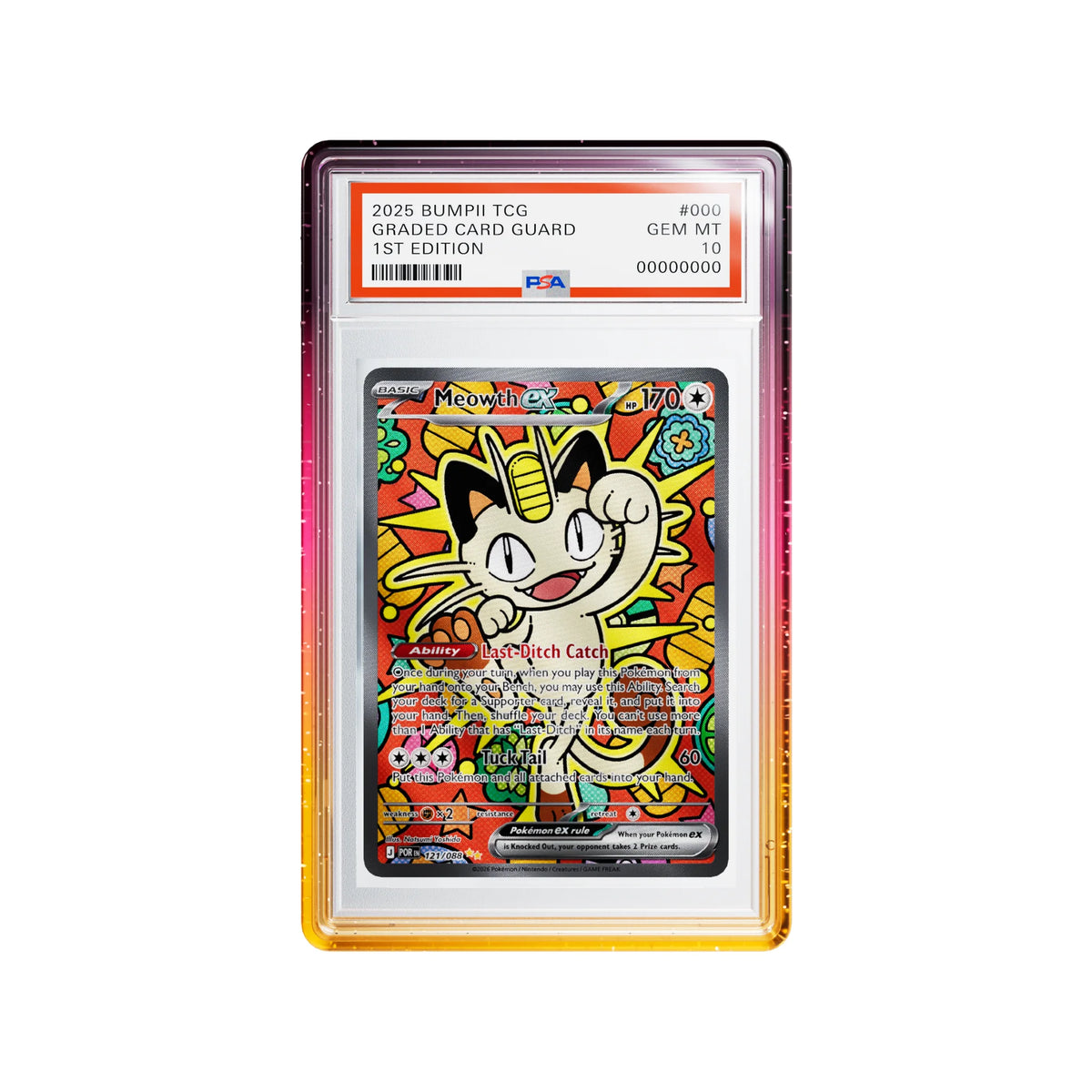 Bumpii Aurora slab protector with magenta, pink and orange edges around a Meowth PSA graded card.