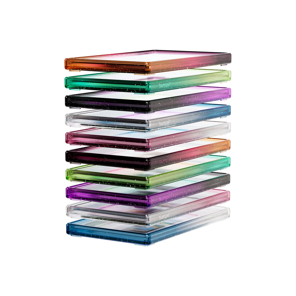 Bumpii 12-pack graded card guard bundle floating in a stack, showing multiple translucent colourways.