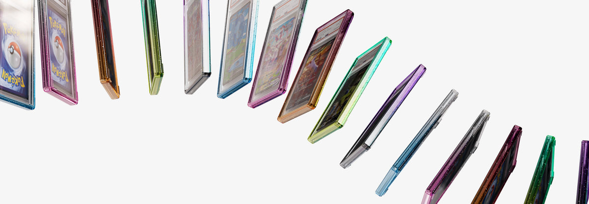 Multiple Bumpii graded card guards in translucent colourways floating diagonally, showing the range with PSA graded cards.

