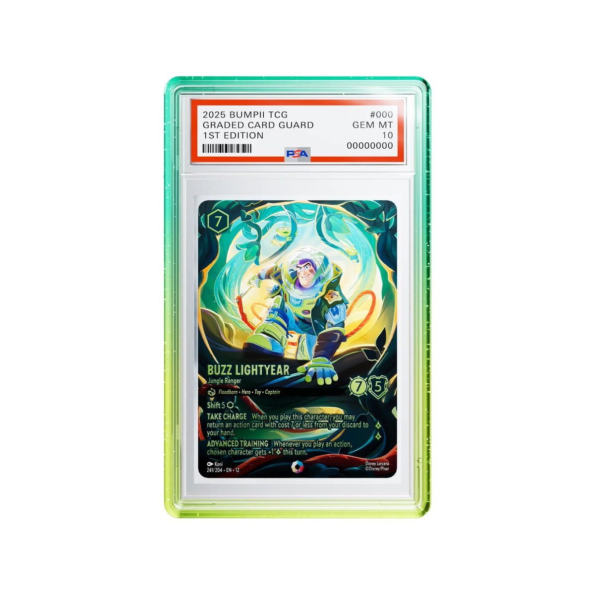 Bumpii Honeydew graded card case with teal and lime edges around a Lorcana Buzz Lightyear PSA graded card.