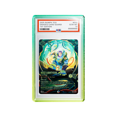 Bumpii Honeydew graded card case with teal and lime edges around a Lorcana Buzz Lightyear PSA graded card.