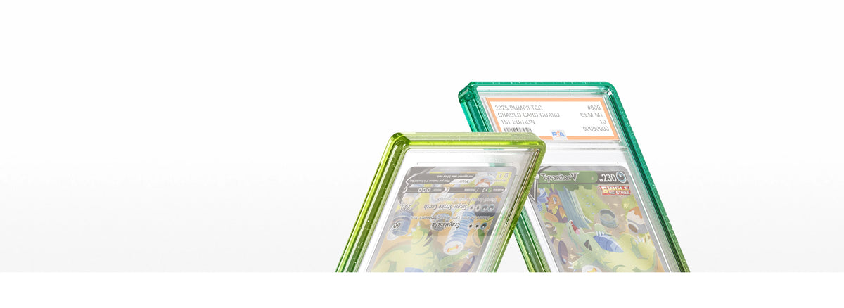 Two Bumpii Honeydew slab protectors positioned side by side, highlighting their translucent teal and lime edges alongside PSA graded cards.