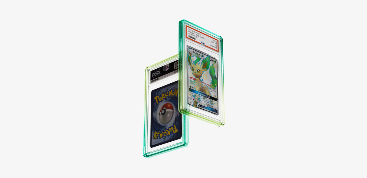Two Bumpii Honeydew graded card guards floating at an angle, showing teal and lime edges with front and back PSA graded cards.
