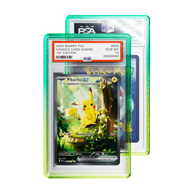 Bumpii Honeydew graded card guard with teal and lime edges holding a Pikachu PSA graded card, with another slab behind.