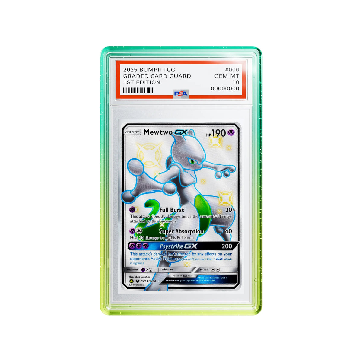 Honeydew slab protector with teal and lime edges around a Mewtwo PSA graded card.