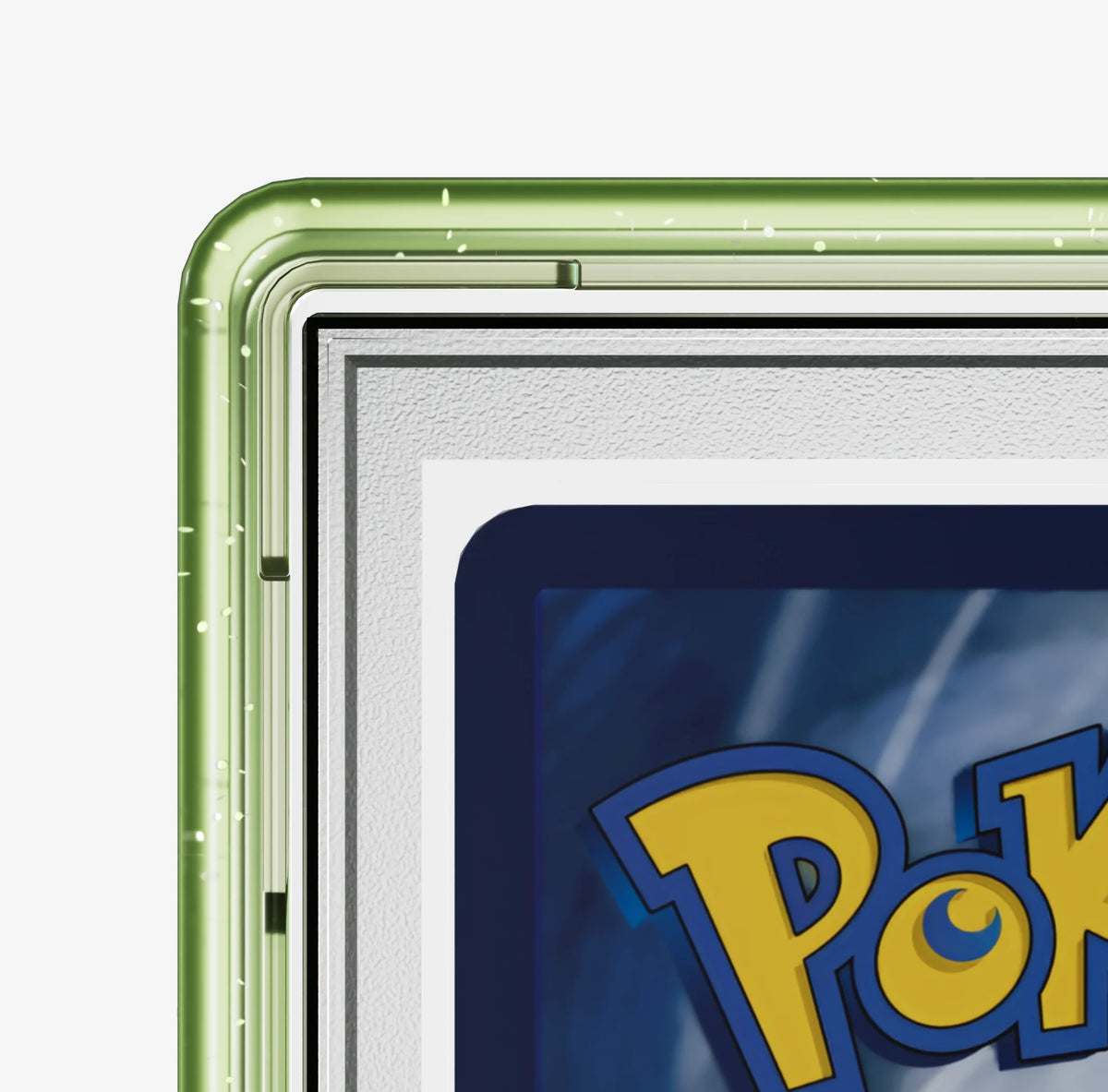 Bumpii Honeydew graded card guard close-up showing translucent lime corner detail around a PSA graded card.
