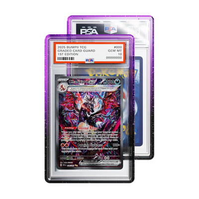 Bumpii Phantom graded card guard with purple and black edges holding a Paldean Fates Charizard PSA graded card, with another slab behind.