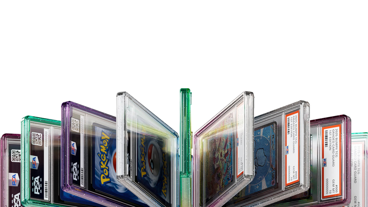 Collection of graded trading cards encased by bumpii slab protectors fanned out with multiple colors