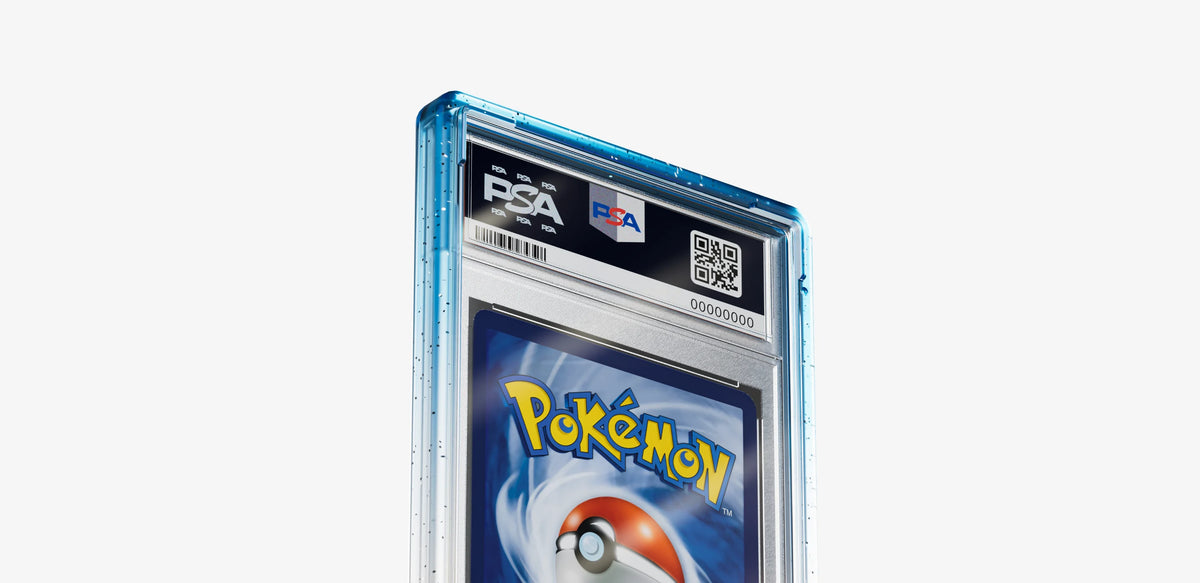 Bumpii Seasalt graded card guard close-up showing translucent blue edges around the back of a PSA graded card.