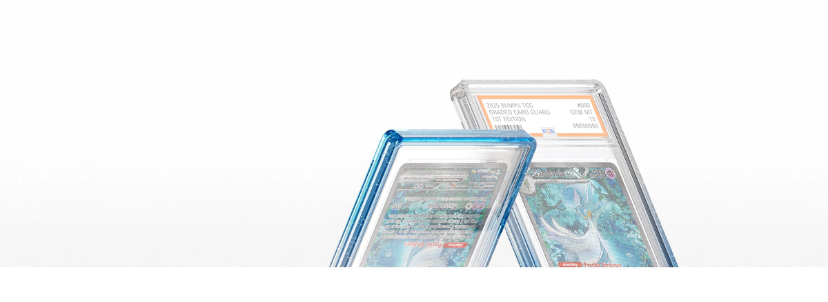 Two Bumpii Seasalt slab protectors positioned side by side, highlighting translucent blue and clear edges with PSA graded cards.