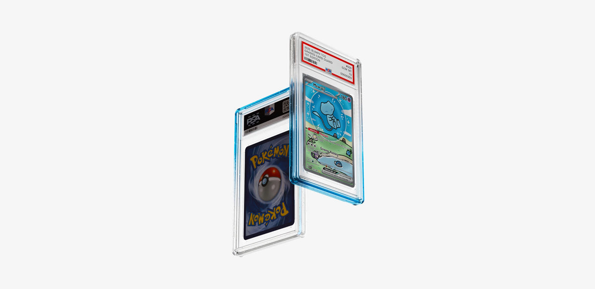 Two Bumpii Seasalt slab guards floating at an angle, showing blue and clear edges with front and back PSA graded cards.