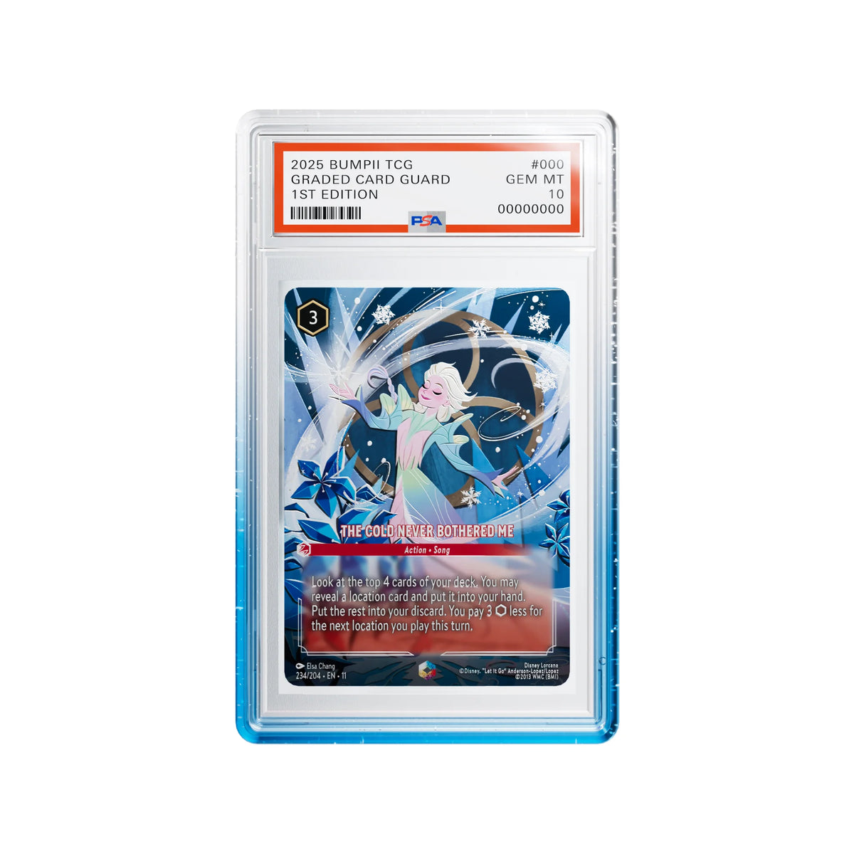 Bumpii Seasalt slab protector with blue and clear edges around a Lorcana Elsa PSA graded card.