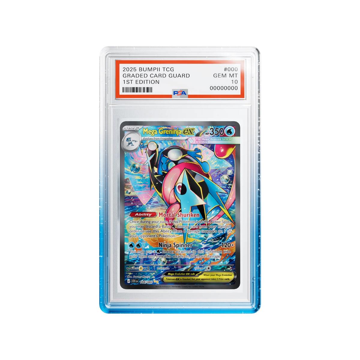 Bumpii Seasalt graded card guard with blue and clear edges around a Mega Greninja PSA graded card.