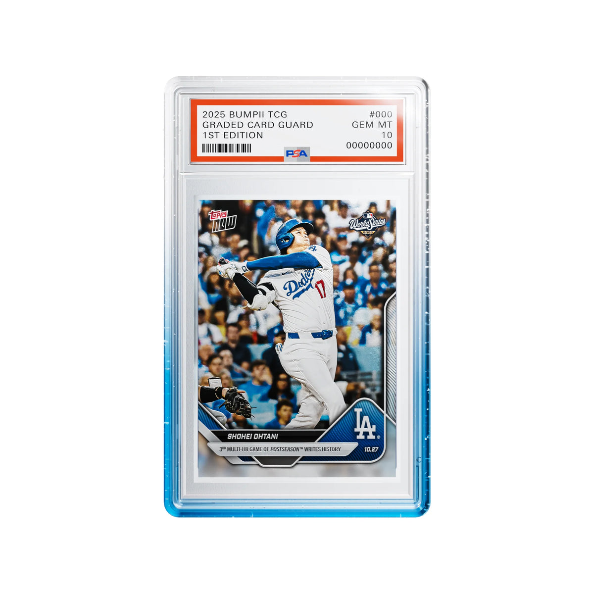 Bumpii Seasalt graded card guard with blue and clear edges around a Shohei Ohtani PSA graded sports card.