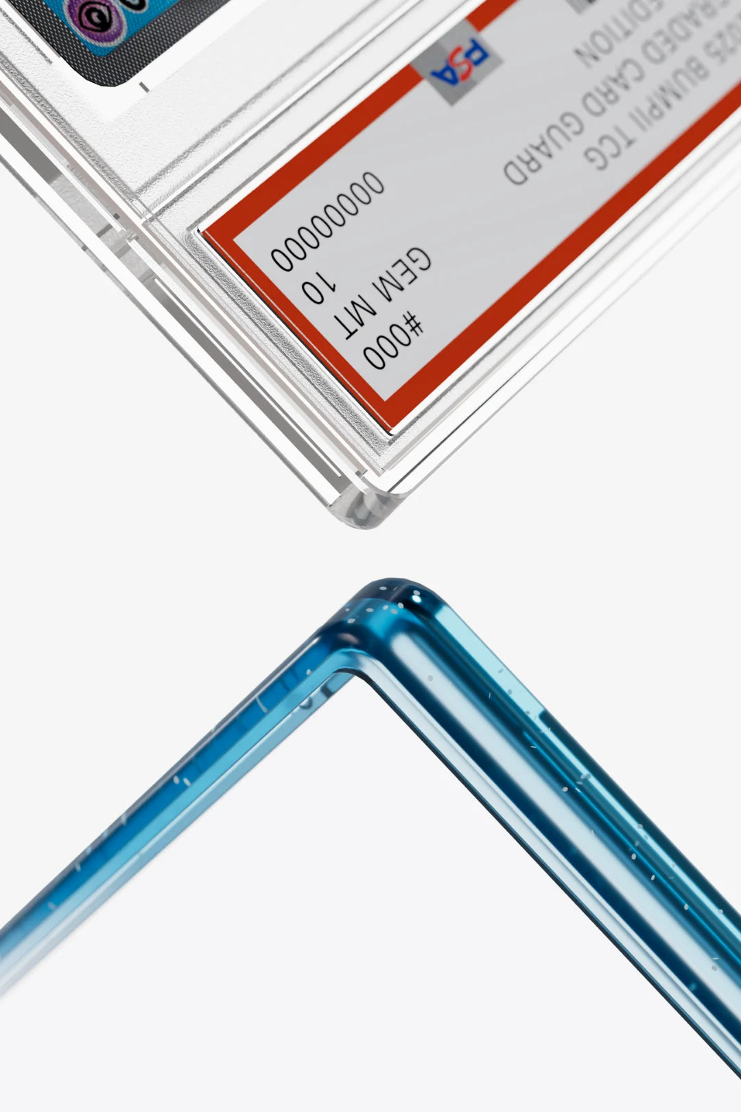 Bumpii Seasalt slab protector frame beside a PSA graded card, showing the translucent blue corner fit.