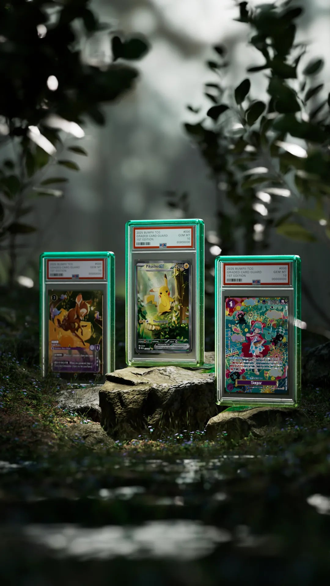 Load video: Bumpii Honeydew graded card guards floating in a forest scene, showing green translucent edges with PSA graded cards.
