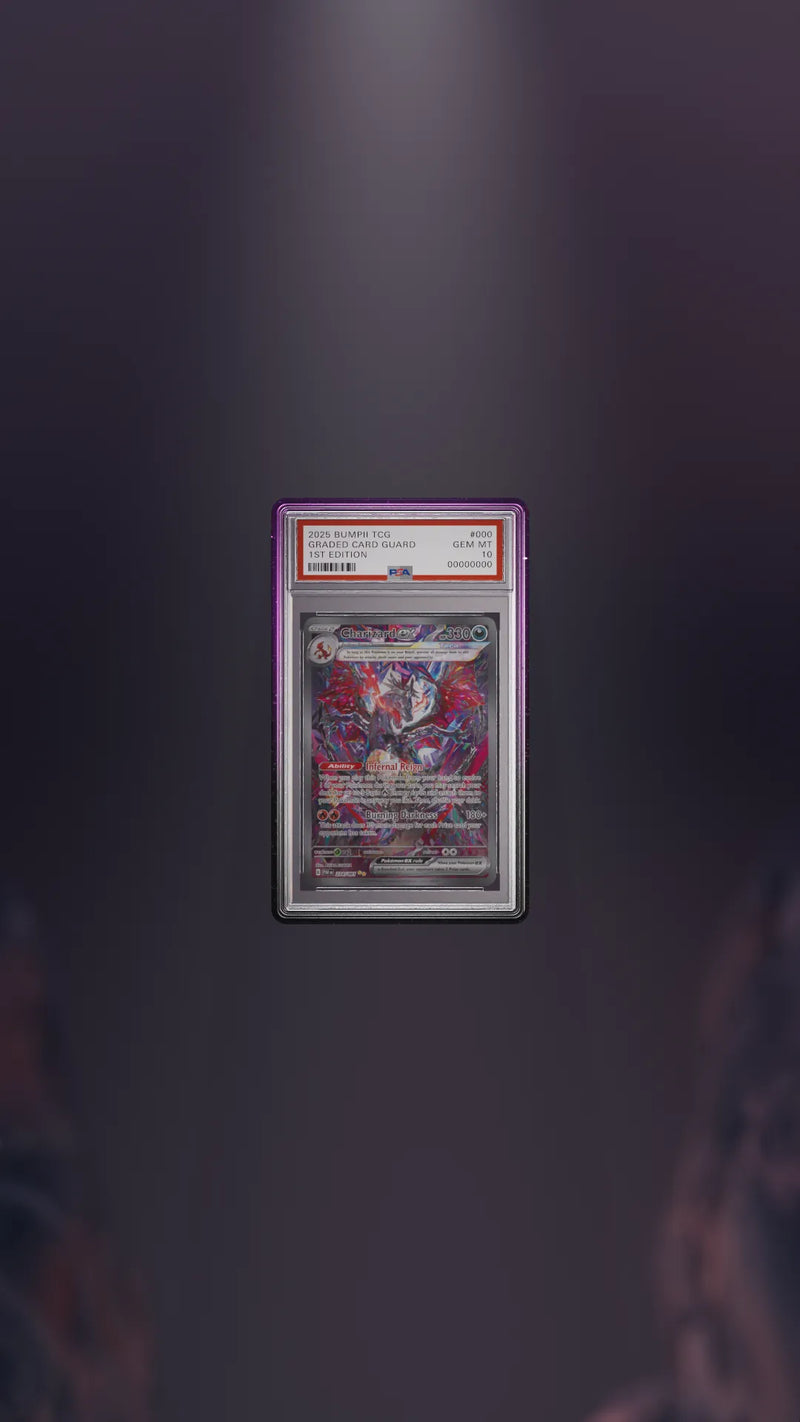 Bumpii Phantom slab protector floating in a dark purple scene, showing black and purple edges, PSA card fit and close-up frame details.
