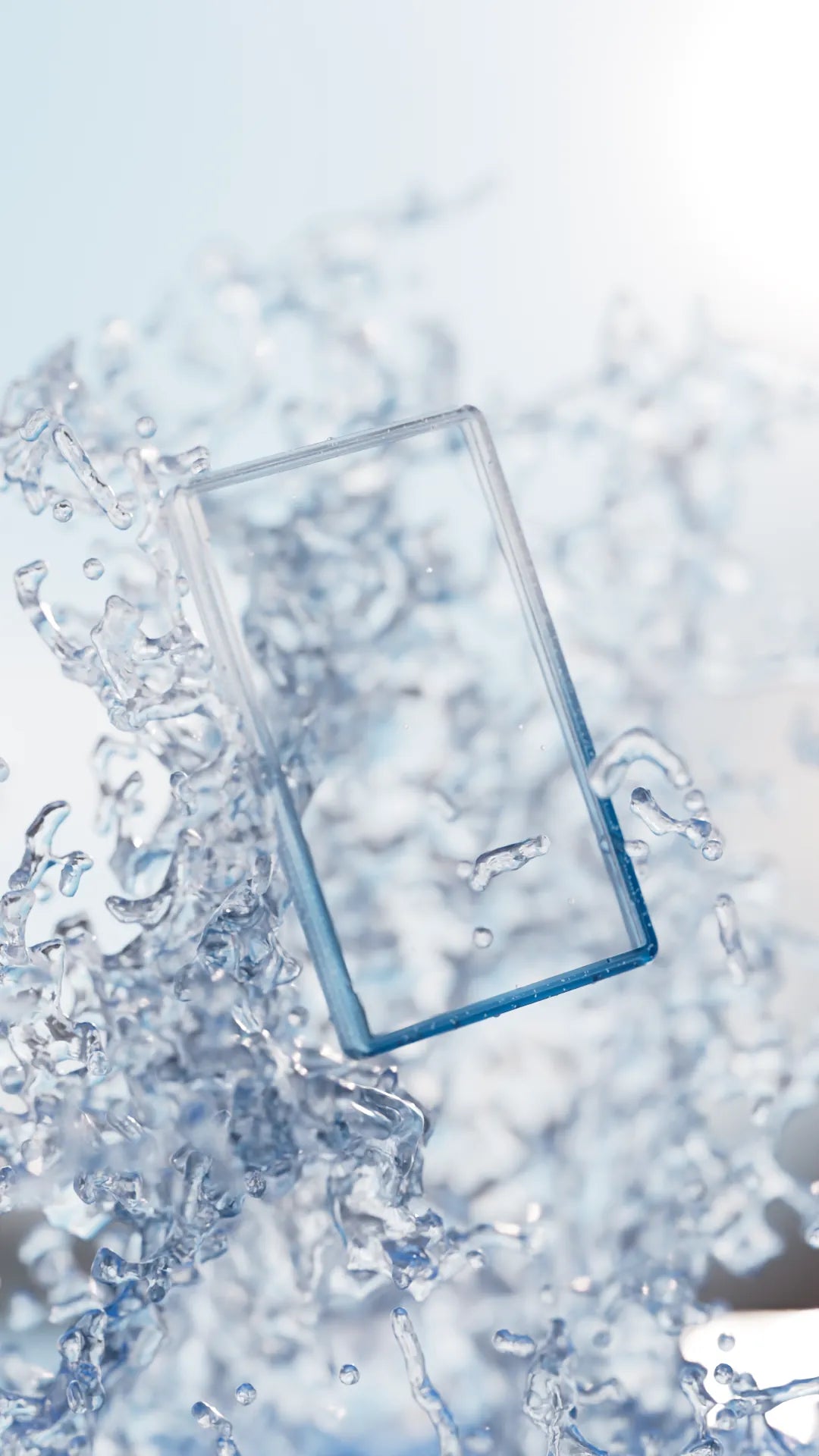 Load video: Bumpii Seasalt slab protector floating in a bright water scene, showing blue clear edges, PSA card fit and splash details.
